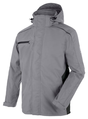 Grau-anthrazitfarbene Wetterschutzjacke mit Kapuze, Reißverschlusstaschen und reflektierenden Details.
