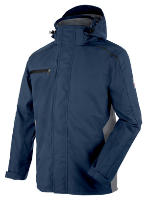 Dunkelblaue und graue Wetterschutzjacke mit verstellbaren Ärmelbündchen und praktischen Taschen.