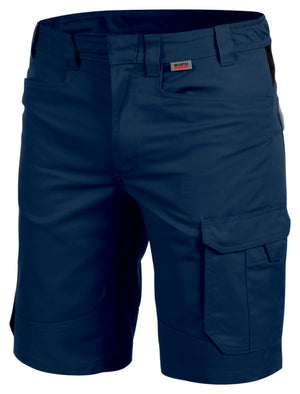 Dunkelblaue und graue Arbeitsshorts mit mehreren Taschen und elastischem Bund in Bermudalänge.