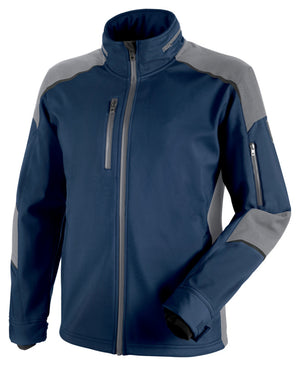 Dunkelblaue und graue Softshelljacke mit hohem Kragen und praktischen Taschen.