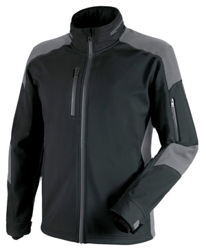 Anthrazit/graue Softshelljacke mit Reißverschlusstaschen und elastischen Bündchen.