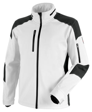 Arbeitsjacke SOFTSHELLJACKE CETUS in Weiß und Anthrazit mit Taschen und Stehkragen.