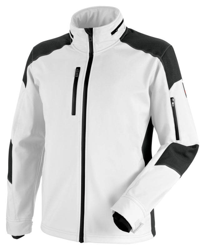 Arbeitsjacke SOFTSHELLJACKE CETUS in Weiß und Anthrazit mit Taschen und Stehkragen.