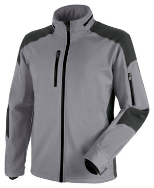 Grau/Anthrazit Softshelljacke mit ergonomischen Einsätzen und mehreren Taschen für Werkzeuge.