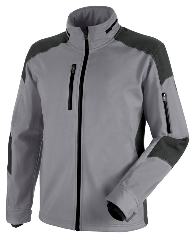 Grau/Anthrazit Softshelljacke mit ergonomischen Einsätzen und mehreren Taschen für Werkzeuge.