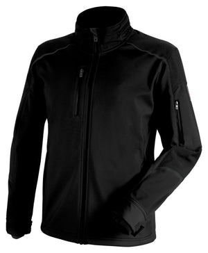 Schwarze Softshelljacke mit ergonomischem Schnitt und mehreren praktischen Taschen.
