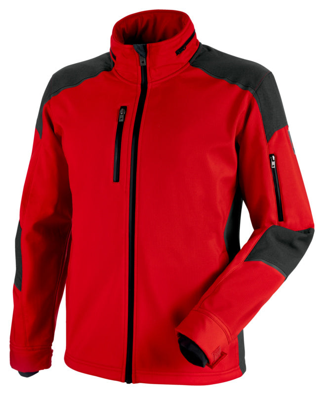 Rot und anthrazitfarbene Softshelljacke CETUS mit mehreren Taschen und Stehkragen.