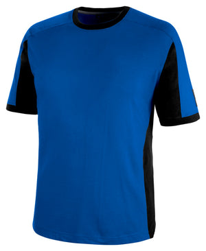 Arbeitsshirt in Royalblau und Schwarz mit Rundhalsausschnitt und verstärkten Nähten.