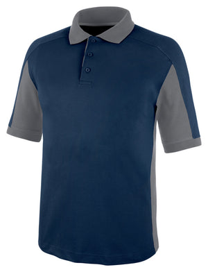 Dunkelblaues und graues Poloshirt mit Polokragen und Knopfleiste, aus atmungsaktivem Material.