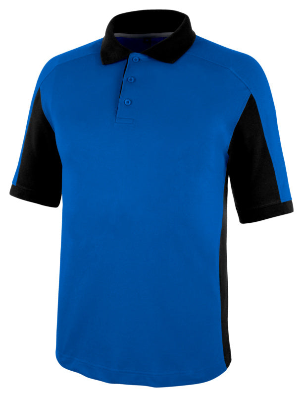 Arbeitspoloshirt CETUS in Royalblau und Schwarz mit klassischem Kragen und Knopfleiste.