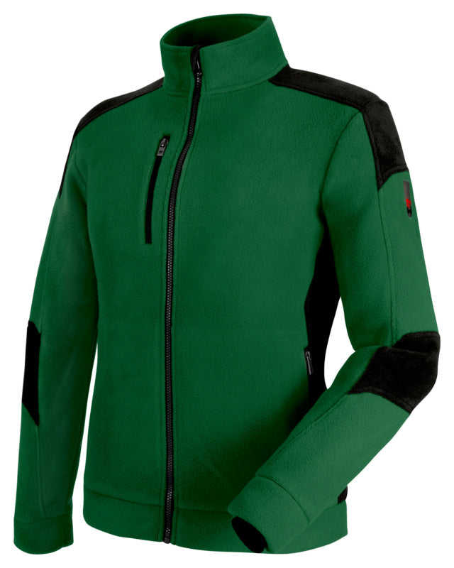 Grün-schwarze Fleecejacke CETUS mit Stehkragen, Reißverschluss und seitlichen Taschen.