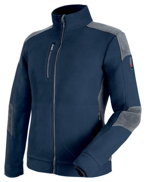 Dunkelblaue und graue Fleecejacke mit Reißverschluss und seitlichen Taschen.