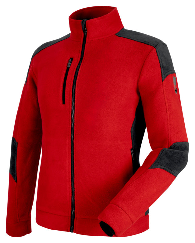 Fleecejacke CETUS in Rot und Anthrazit mit hohem Kragen und praktischen Taschen.