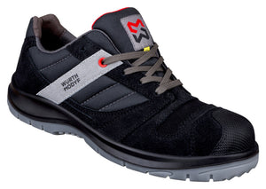 Schwarzer Sicherheitshalbschuh S3 mit Stretch-Material, rutschfester Sohle und verstärktem Zehenschutz.