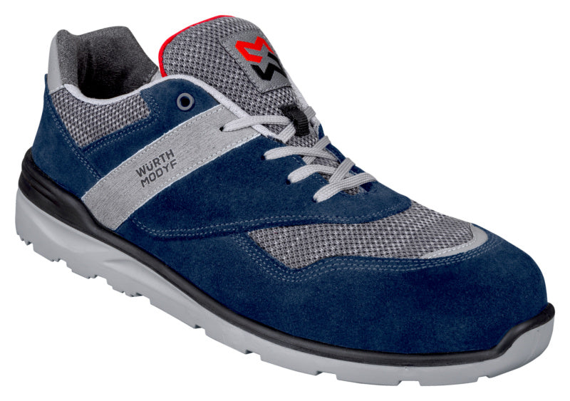 Blau-graue Sicherheitshalbschuhe S1P mit rutschfester Sohle und verstärkter Zehenkappe.