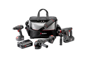 Akku Maschine Sortiment mit Bohrmaschine, Schrauber, Säge und Schleifer in einem Set.