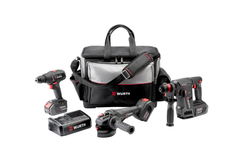 Akku Maschine Sortiment mit Bohrmaschine, Schrauber, Säge und Schleifer in einem Set.