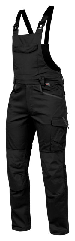 Schwarze Arbeitslatzhose aus Stretch-Material mit verstellbaren Trägern und mehreren Taschen.