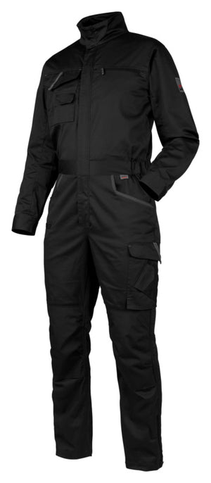 Schwarzer Arbeitsoverall mit Stretchmaterial, verstärkten Nähten und praktischen Taschen.