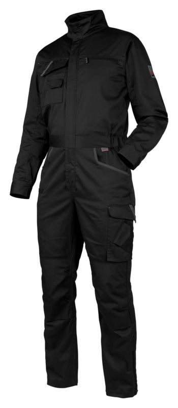 Schwarzer Arbeitsoverall mit Stretchmaterial, verstärkten Nähten und praktischen Taschen.