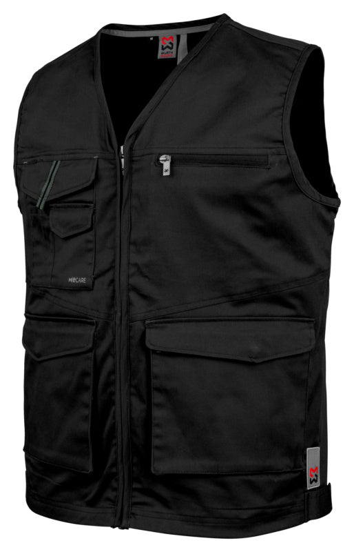 Schwarze Arbeitsweste mit elastischem Material, Reißverschluss und mehreren Taschen für Werkzeuge.