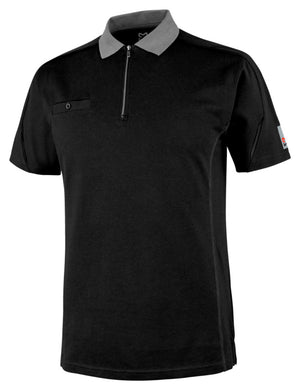 Schwarzes Arbeitspoloshirt mit modernem Schnitt, elastischem Stoff und verstärkten Nähten.
