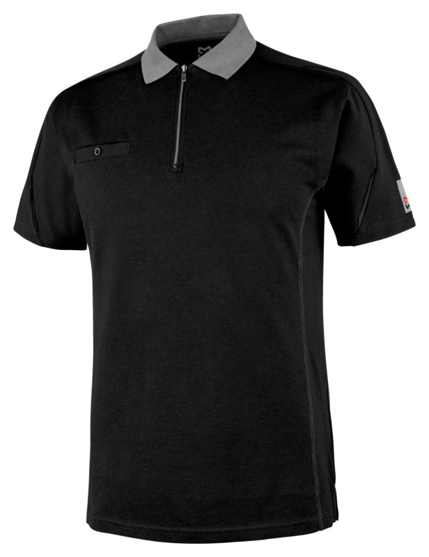 Schwarzes Arbeitspoloshirt mit modernem Schnitt, elastischem Stoff und verstärkten Nähten.