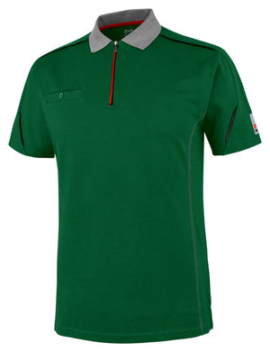 Grünes Arbeitspoloshirt mit Stretchmaterial, Polokragen und Knopfleiste für Bewegungsfreiheit.