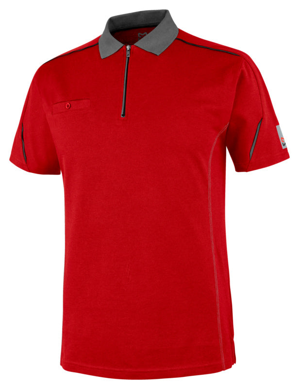 Rotes Arbeitspoloshirt aus Stretchmaterial mit kurzem Kragen und Knopfleiste.