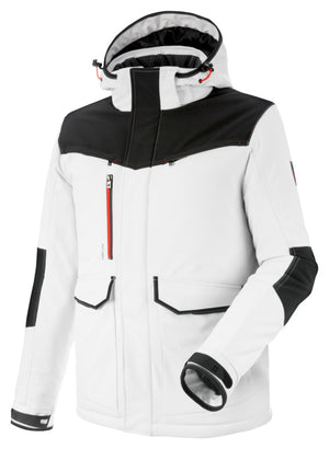 Weiße Softshell-Winterjacke mit Kapuze, elastischen Bündchen und reflektierenden Details.