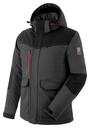 Anthrazitfarbene Softshell-Winterjacke mit Kapuze, verstellbarem Kragen und Taschen.