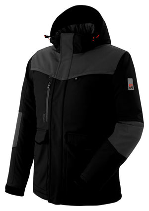Die Wetterschutzjacke ist aus winddichtem Softshell-Material mit verstellbarer Kapuze.