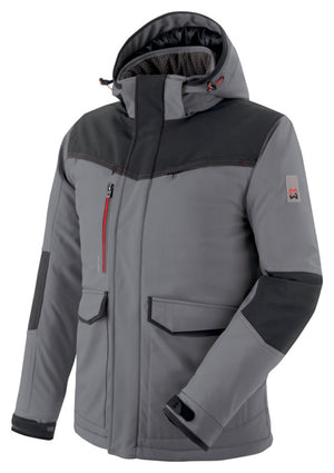Graue Softshell-Winterjacke mit Stretch, hohem Kragen und mehreren Taschen.