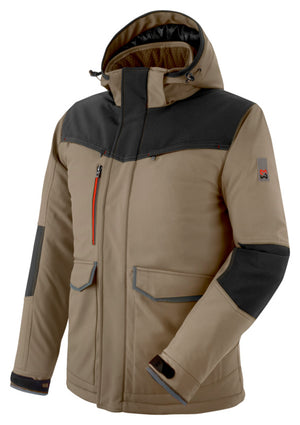 Beige Wetterschutzjacke aus Softshell mit elastischen Bündchen und Reißverschlusstaschen.