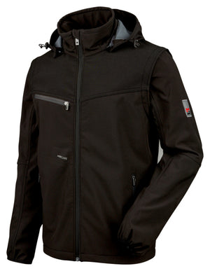 Schwarze Softshelljacke Stretch X mit Reißverschluss und mehreren praktischen Taschen.