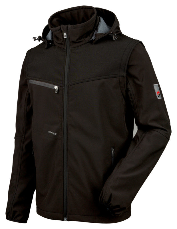 Schwarze Softshelljacke Stretch X mit Reißverschluss und mehreren praktischen Taschen.