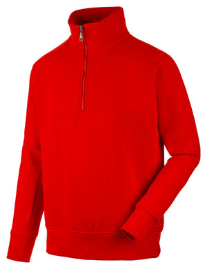 Roter Arbeitspullover mit halbem Reißverschluss und praktischen Taschen, robust und atmungsaktiv.