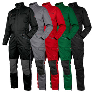 Roter Arbeitsoverall mit Stretch-Material, Taschen und verstärkten Nähten für hohe Bewegungsfreiheit.