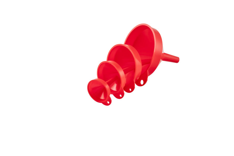 Vier Trichter in den Größen 50 mm, 70 mm, 90 mm und 115 mm aus robustem Material.