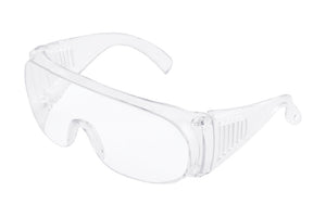 Klare Schutzbrille aus kratzfestem Polycarbonat mit ergonomischem Design und Anti-Beschlag-Beschichtung.