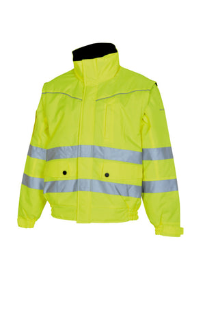Warnschutzjacke in neongelb mit reflektierenden Streifen und 2-in-1-Funktionalität.