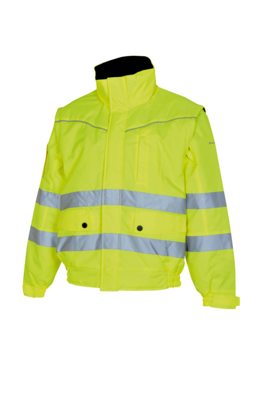 Warnschutzjacke in neongelb mit reflektierenden Streifen und 2-in-1-Funktionalität.