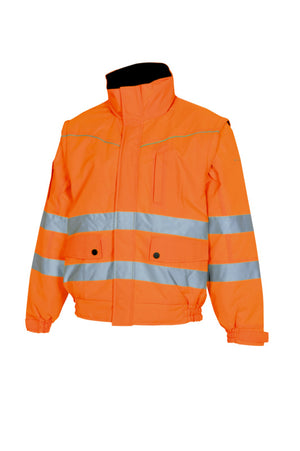 Leuchtend orange Warnschutzjacke 2-in-1 mit praktischen Taschen und verstellbaren Ärmelbündchen.