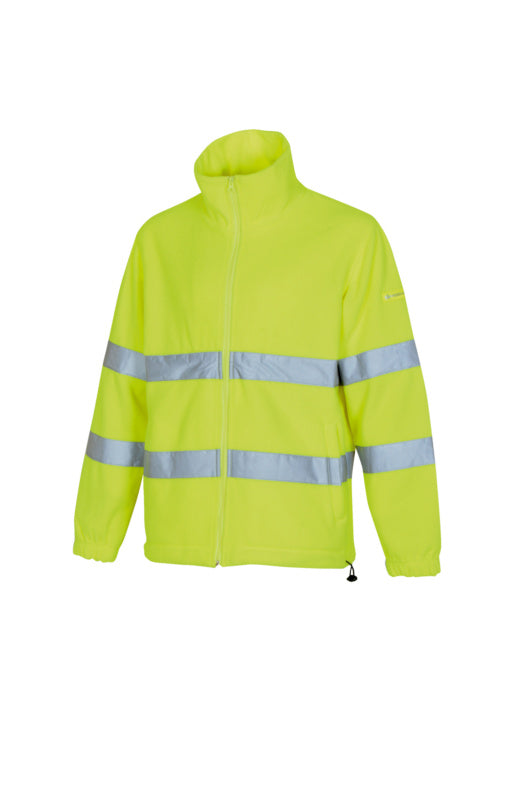 Leuchtend gelbe Warnschutzfleecejacke mit Reißverschluss und praktischen Taschen.