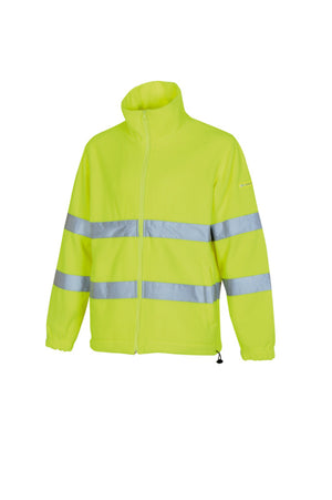 Leuchtend orange Warnschutz Fleecejacke mit reflektierenden Elementen und Reißverschlusstaschen.