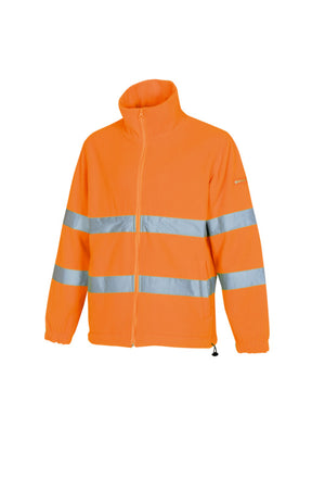 Leuchtend orange Warnschutz-Fleecejacke mit reflektierenden Streifen und Reißverschlusstaschen.