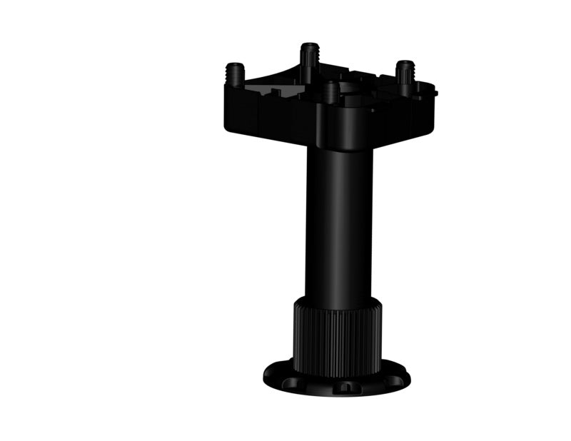 Robuster Sockelhöhenversteller für Küchenmöbel, verstellbar bis 125 mm Höhe, korrosionsbeständig.