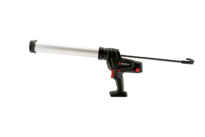 A cordless cartridge dispensing gun with a sturdy handle and trigger mechanism.
