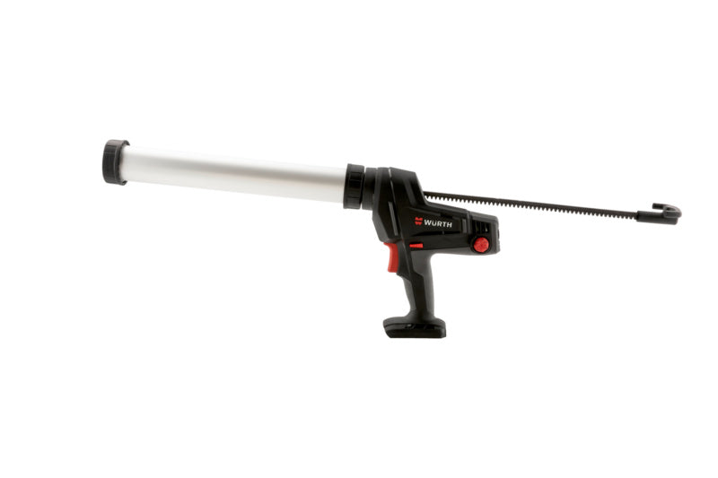 A cordless cartridge dispensing gun with a sturdy handle and trigger mechanism.