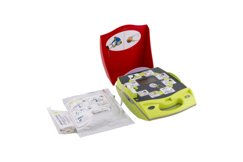 Halbautomatischer Defibrillator AED Plus mit Elektroden und Bedienungsanleitung in robuster Bauweise